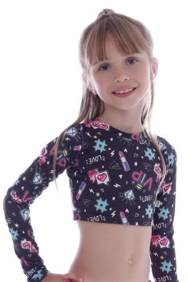 Biquíni Infanto Juvenil Manga Longa Cropped - Ceci e Solenza - Preto_Estampado