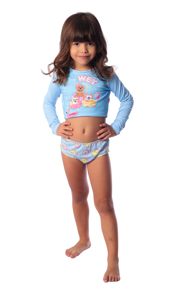 Biquíni Infanto Juvenil Manga Longa Cropped - Ceci e Solenza - Azul_Claro_Estampado
