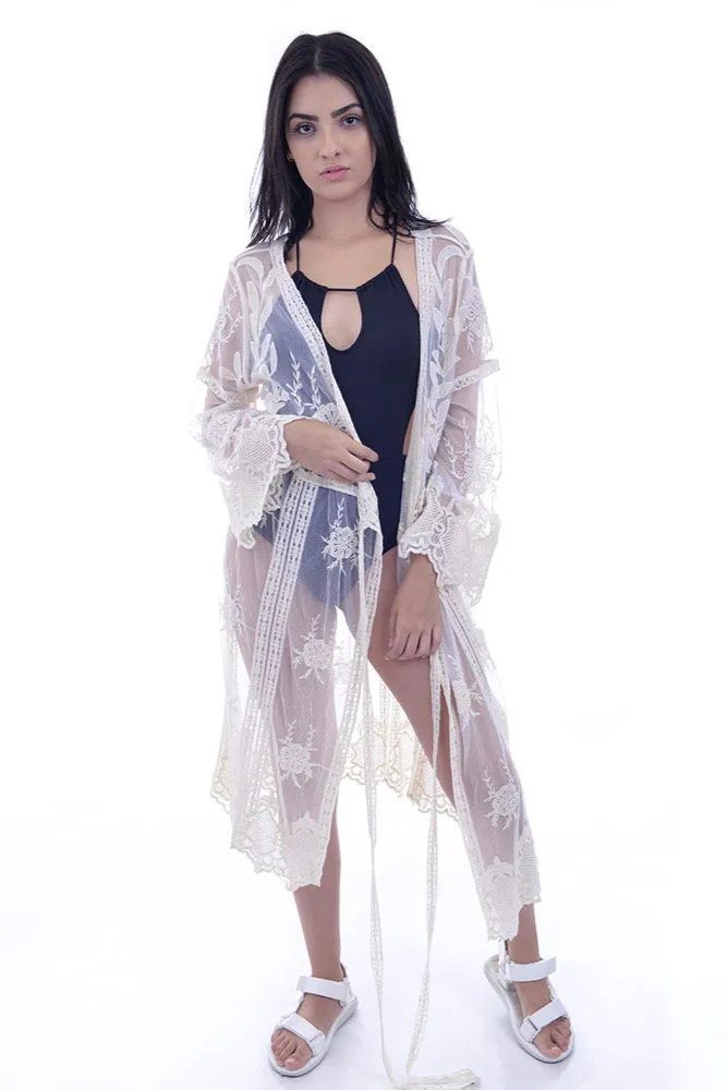 Kimono Tule Bordado Flores - SB