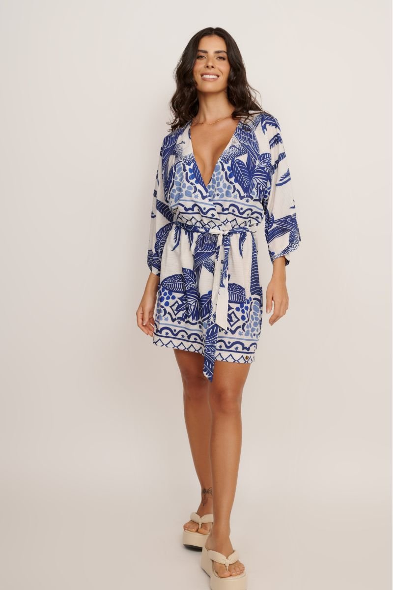 Vestido Curto Kimono Estampa Riviera - Belles - Azul_Estampado