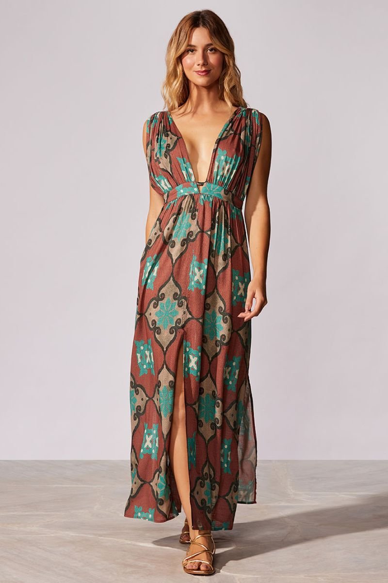 Vestido Longo Estampado Nice - Cia Marítima - Marrom_Cacau