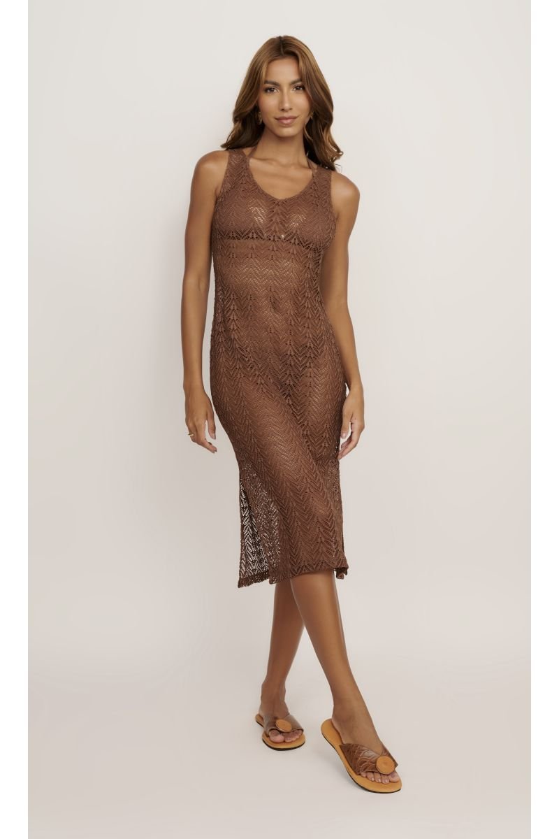 Vestido Midi em Tela Vazada Marrom Cais - Belles - Marrom_Cacau
