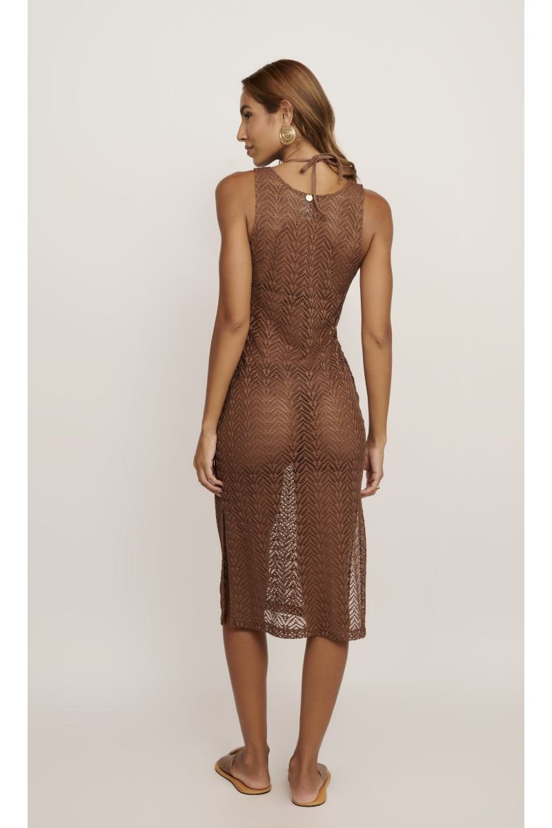 Vestido Midi em Tela Vazada Marrom Cais - Belles