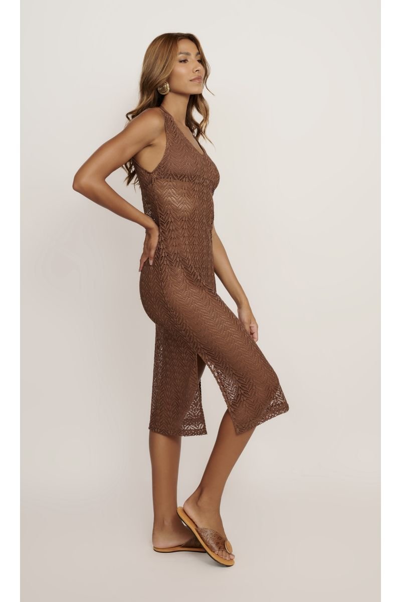 Vestido Midi em Tela Vazada Marrom Cais - Belles