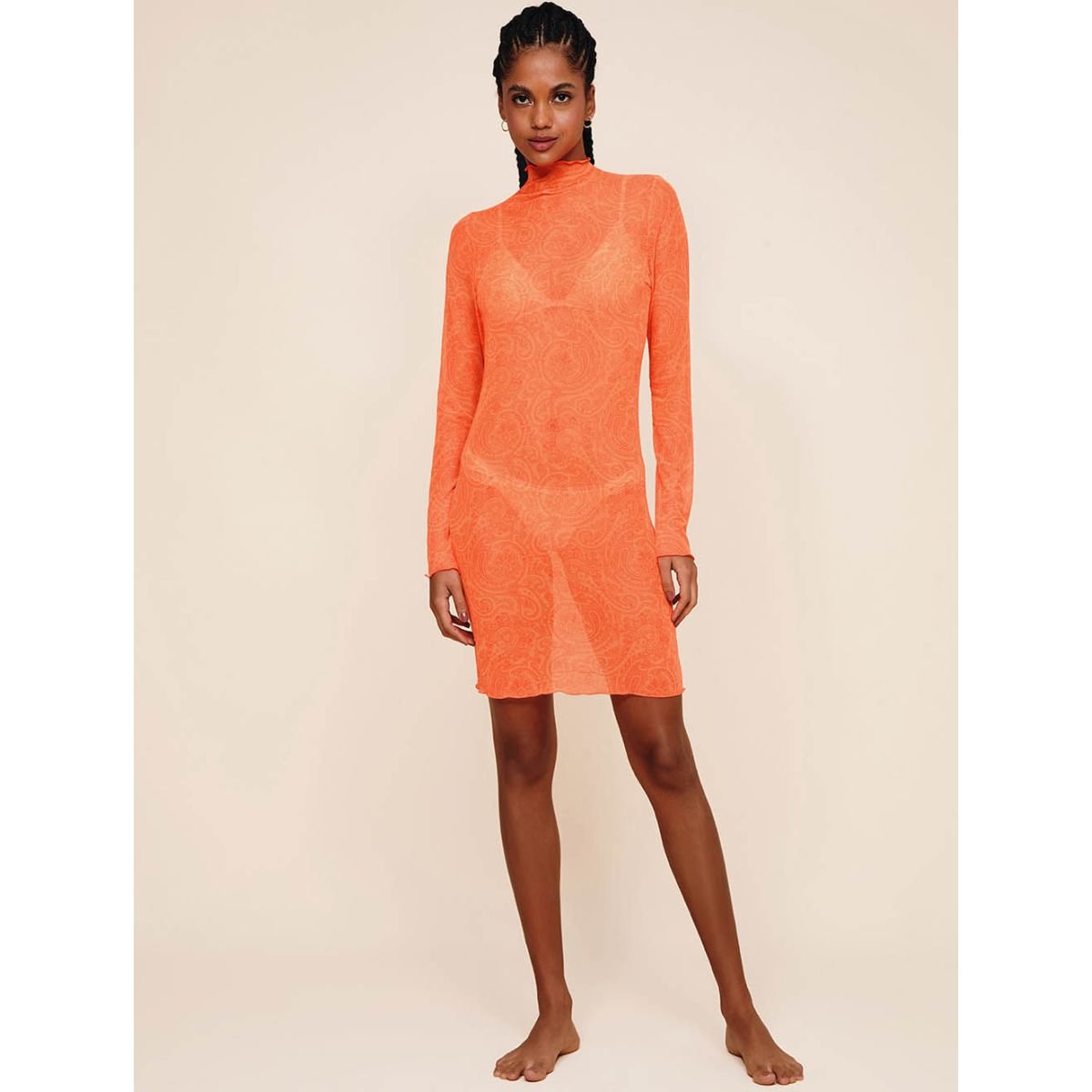 Vestido Tule Manga Longa Kayoa - Cia Marítima - Laranja_Estampado